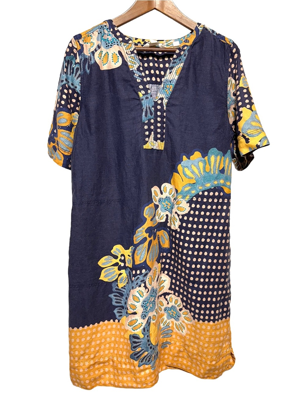 White Stuff 100% Linen Floral Tunic Shift Dress Navy Mustard Boho Cottagecore 6